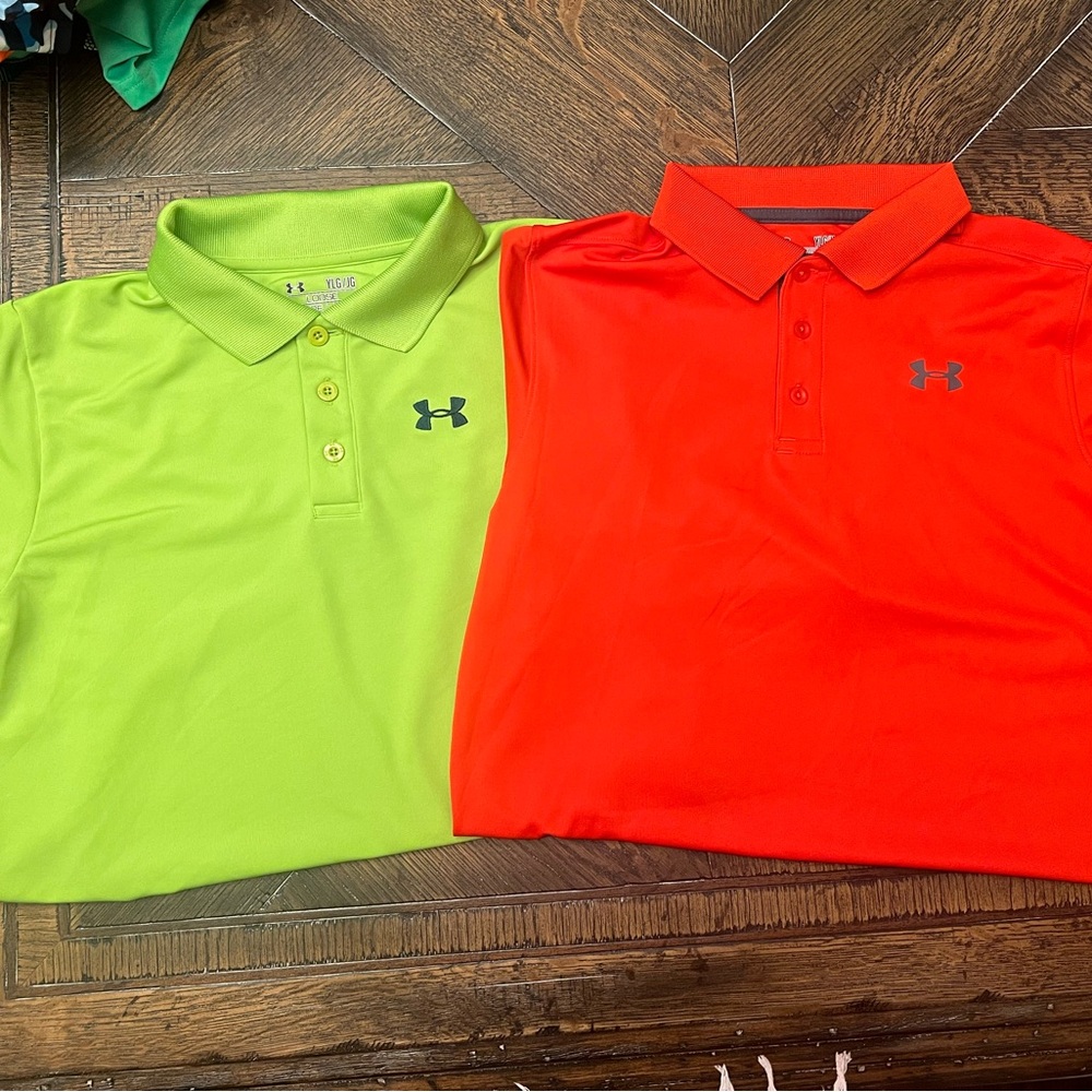 Boys Under Armour Youth Large Golf Polo set of two Orange and Yellow/Green